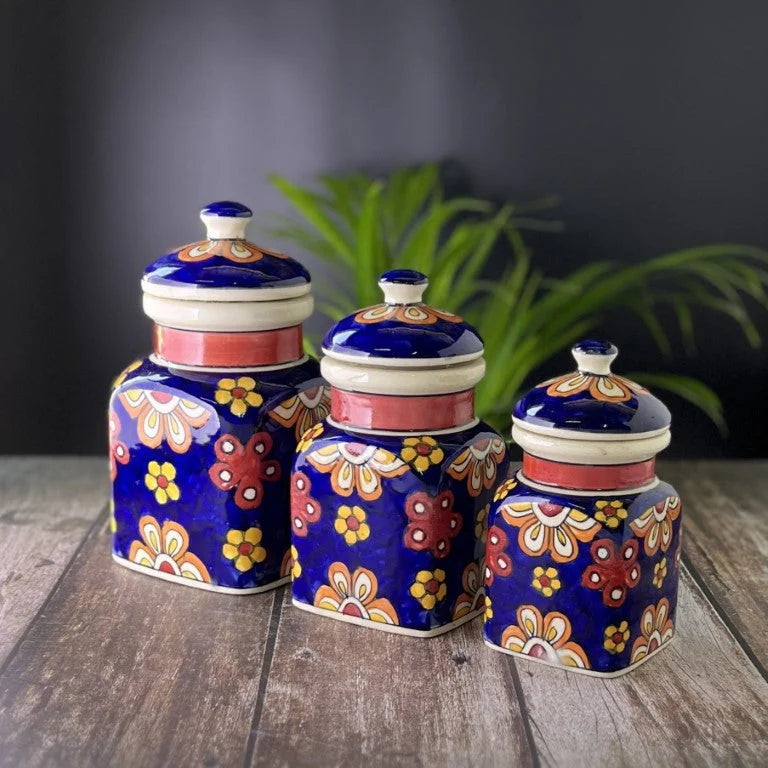 Morwee Blue HAND PAINTED paint air tight jar SET of 3