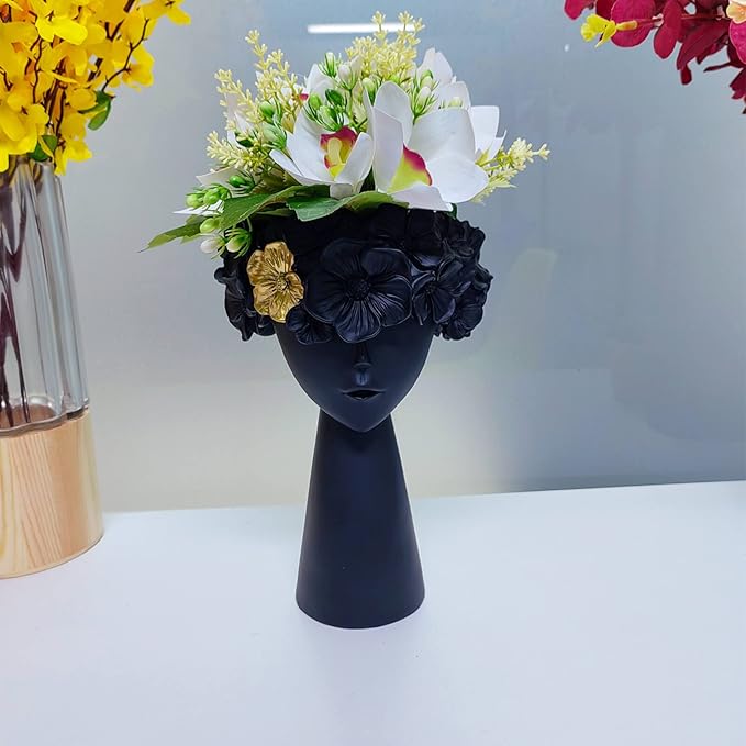 Morwee Style Girl's Head Pot - Lovely Resin Girl with a Beak vase for Succulent Flower Cactus Indoor and Outdoor Decoration(Black)