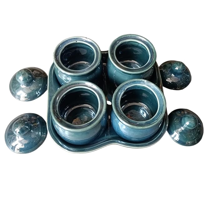 Morwee Ceramic Jars For Kitchen Storage Set Of 4 with Tray Handicrafted Storage Container with Lid Handmade Ceramic Barni Set Multipurpose Pickle Serving Jar Set