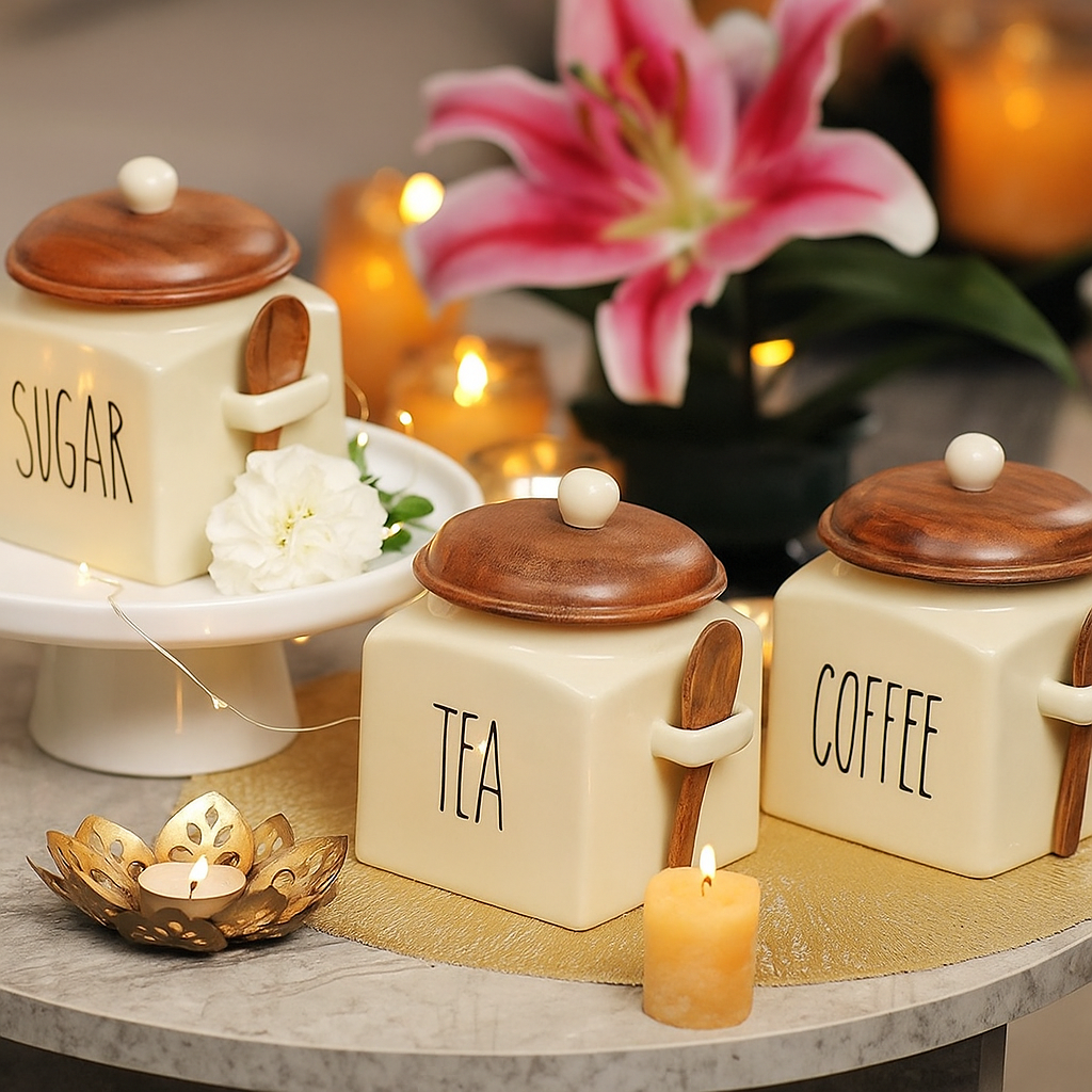Morwee Beige Ceramic Tea Coffee Sugar Jar Set (pack of 3 ) 650ml Each