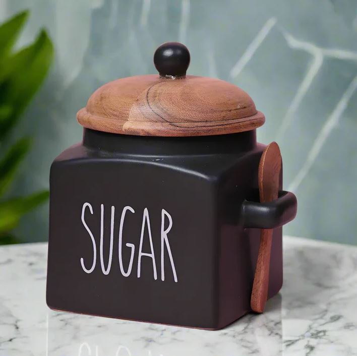 Morwee Black Ceramic Tea Coffee Sugar Jar Set (pack of 3 ) Black/Beige 850ml Each