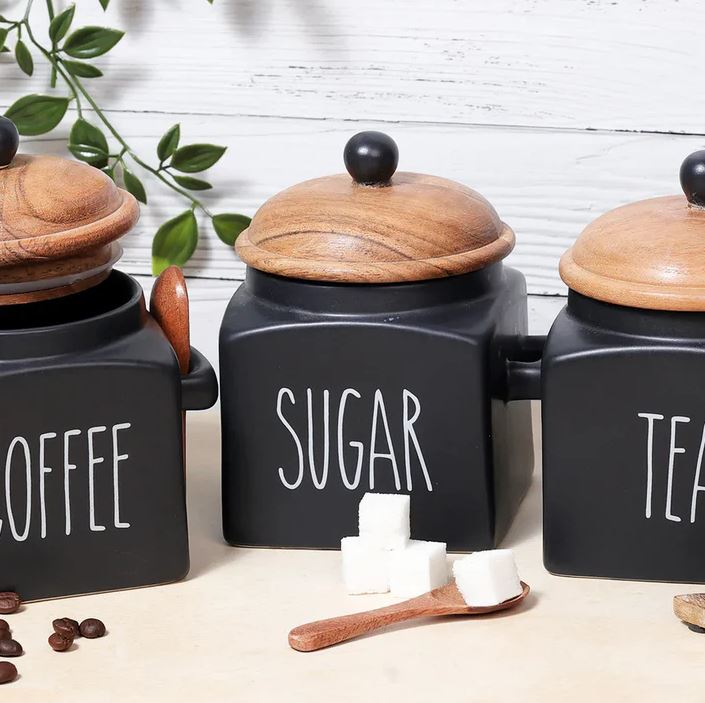 Morwee Black Ceramic Tea Coffee Sugar Jar Set (pack of 3 ) Black/Beige 850ml Each
