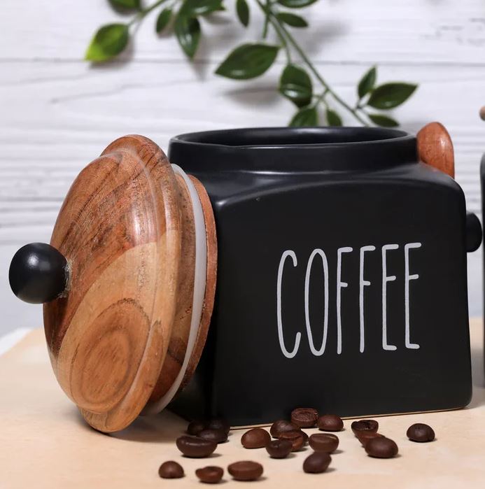 Morwee Black Ceramic Tea Coffee Sugar Jar Set (pack of 3 ) Black/Beige 850ml Each