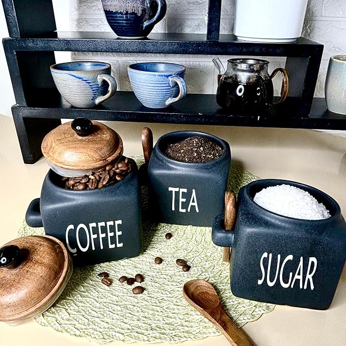 Morwee Black Ceramic Tea Coffee Sugar Jar Set (pack of 3 ) Black/Beige 850ml Each