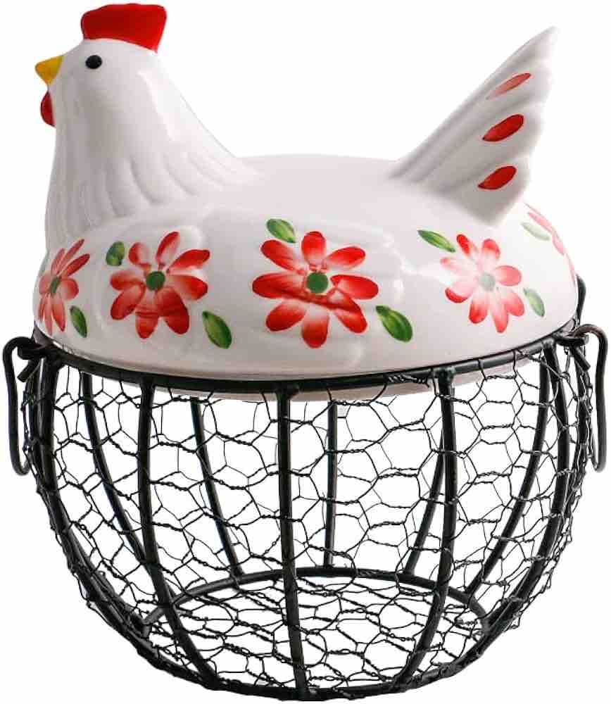 MORWEE Hen Shaped Egg Basket Black Wire Egg Storage Basket with Ceramic Top and Handles Good for Gathering Fresh Eggs and Storing Fruit and Snack