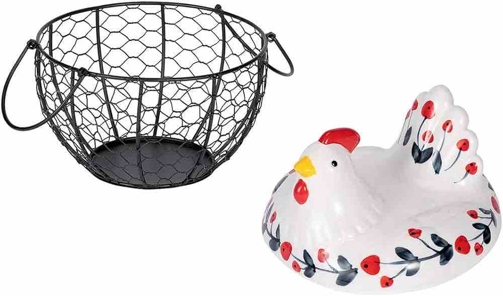 MORWEE Hen Shaped Egg Basket Black Wire Egg Storage Basket with Ceramic Top and Handles Good for Gathering Fresh Eggs and Storing Fruit and Snack