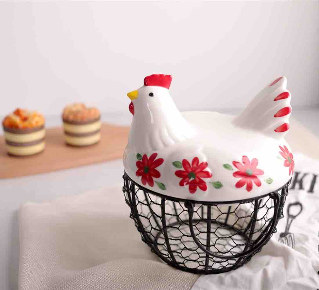 MORWEE Hen Shaped Egg Basket Black Wire Egg Storage Basket with Ceramic Top and Handles Good for Gathering Fresh Eggs and Storing Fruit and Snack