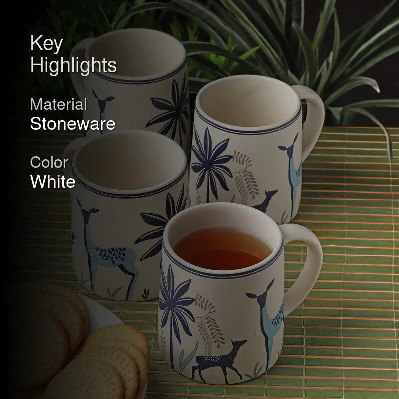 Morwee Set of 4 Blue Tropica Deer Coffee Mugs (300 ML)