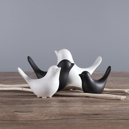 Morwee Set of 4 Ceramic Matte Finish Black nd White Decor Birds showpiece for Home Decor