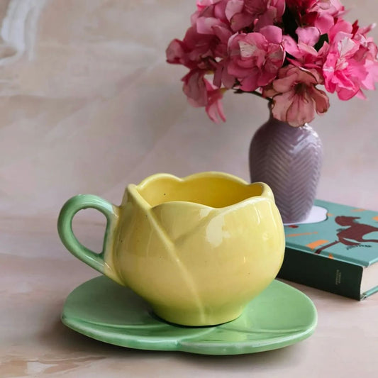Morwee Tulip Floral green and yellow Mug and Saucer Set