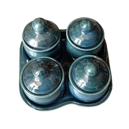 Morwee Ceramic Jars For Kitchen Storage Set Of 4 with Tray Handicrafted Storage Container with Lid Handmade Ceramic Barni Set Multipurpose Pickle Serving Jar Set