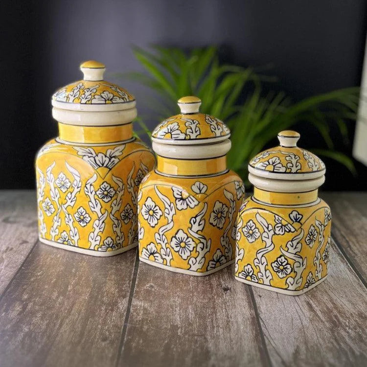 Morwee YELLOW HAND PAINTED paint  air tight jar SET of 3