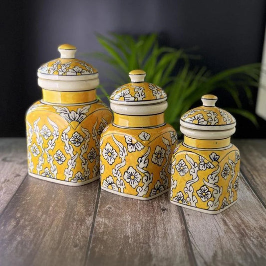 Morwee YELLOW HAND PAINTED paint  air tight jar SET of 3