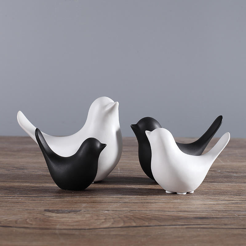 Morwee Set of 4 Ceramic Matte Finish Black nd White Decor Birds showpiece for Home Decor