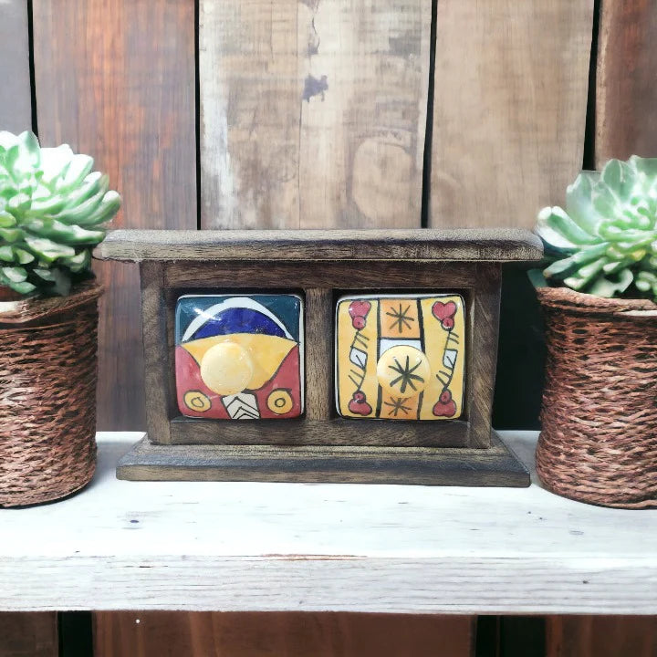 Handmade Wooden and Ceramic 2 Drawers Set of Multi-color Storage Box - Size (WxH): 13 x 13 Inch
