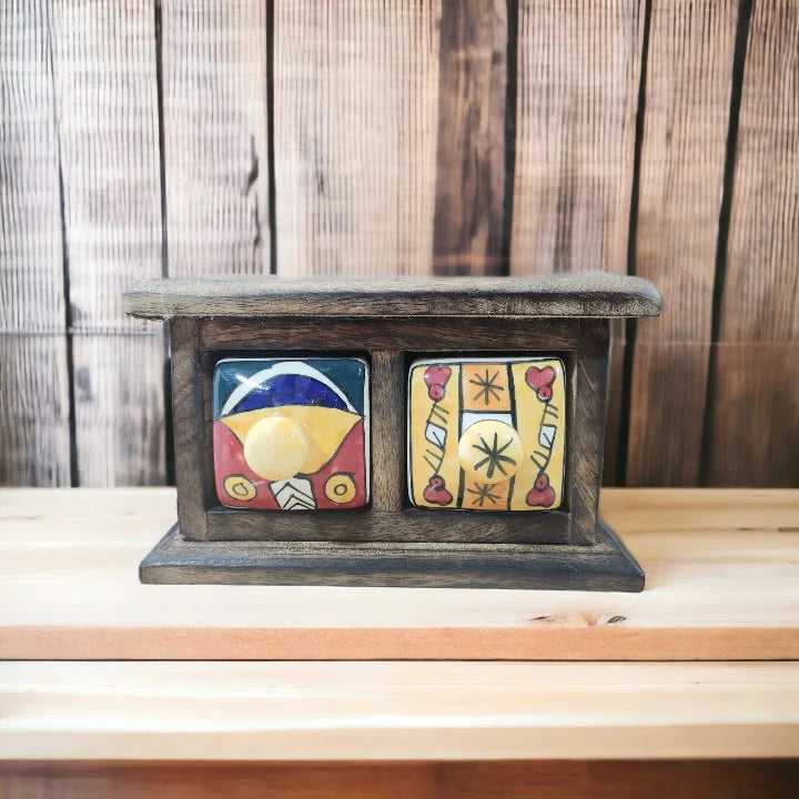 Handmade Wooden and Ceramic 2 Drawers Set of Multi-color Storage Box - Size (WxH): 13 x 13 Inch