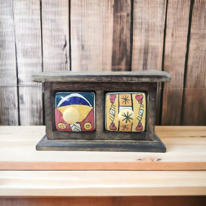 Handmade Wooden and Ceramic 2 Drawers Set of Multi-color Storage Box - Size (WxH): 13 x 13 Inch