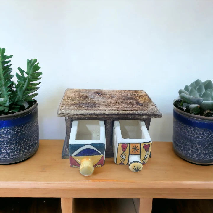 Handmade Wooden and Ceramic 2 Drawers Set of Multi-color Storage Box - Size (WxH): 13 x 13 Inch