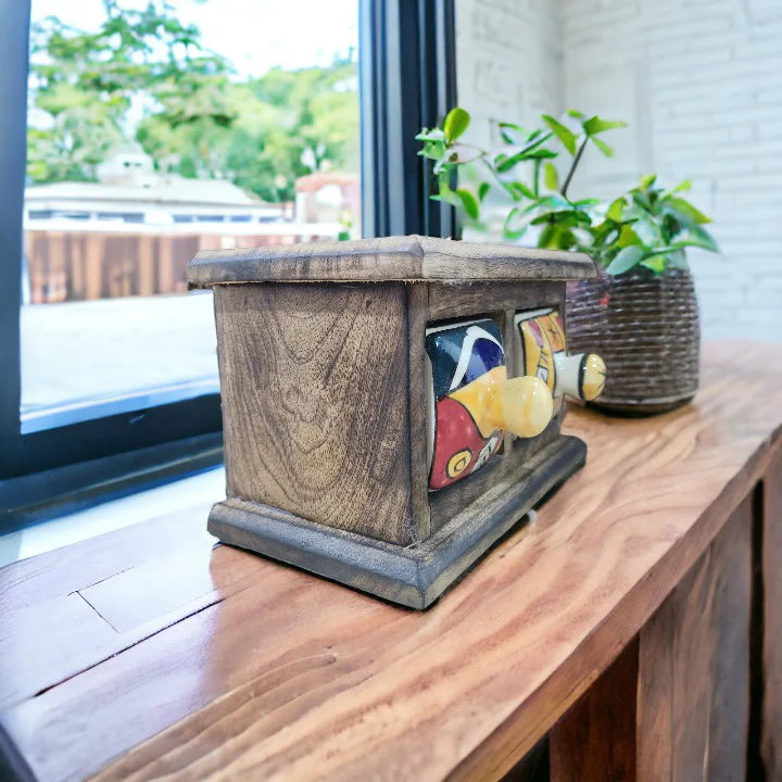 Handmade Wooden and Ceramic 2 Drawers Set of Multi-color Storage Box - Size (WxH): 13 x 13 Inch