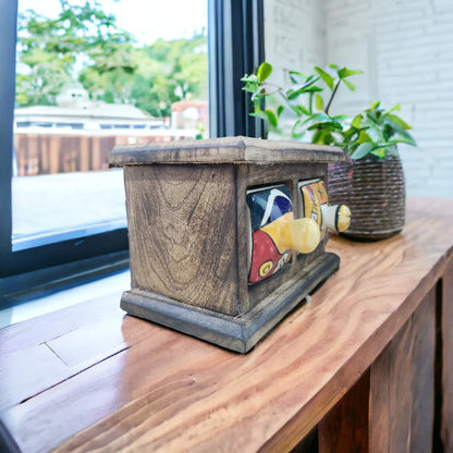 Handmade Wooden and Ceramic 2 Drawers Set of Multi-color Storage Box - Size (WxH): 13 x 13 Inch
