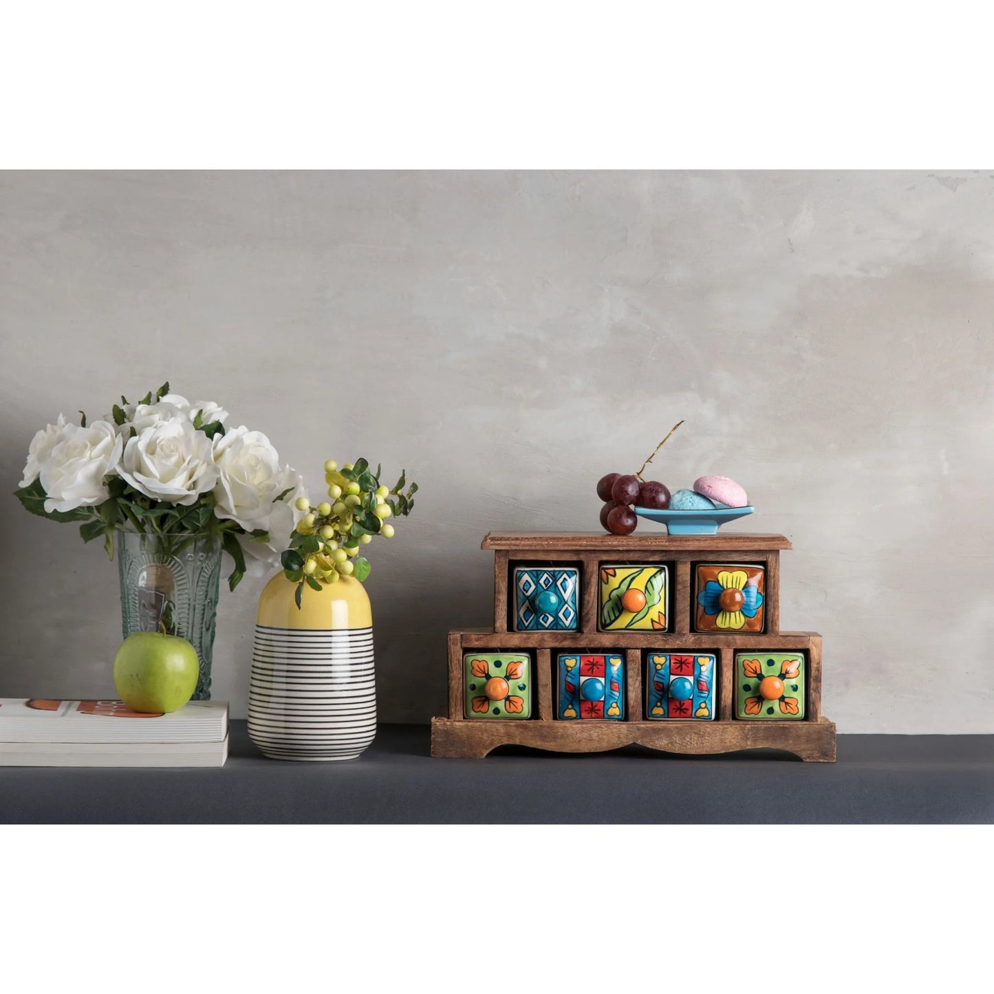 Handmade Wooden and Ceramic 7 Drawers Set of Multi-color Storage Box - Size (WxH): 13 x 13 Inch