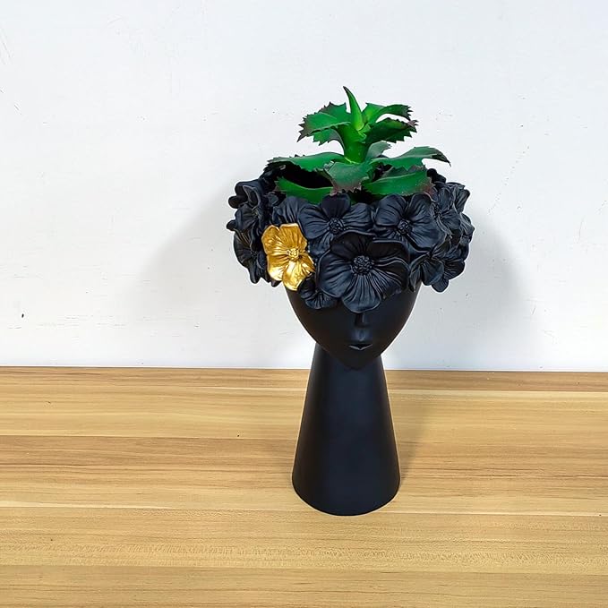 Morwee Style Girl's Head Pot - Lovely Resin Girl with a Beak vase for Succulent Flower Cactus Indoor and Outdoor Decoration(Black)