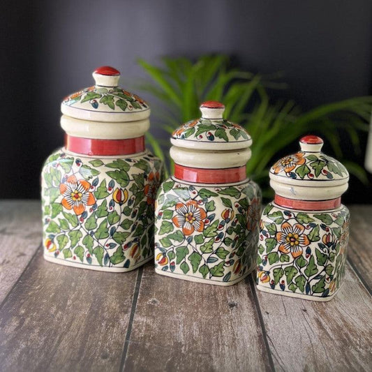 Morwee Green   HAND PAINTED paint  air tight jar SET of 3