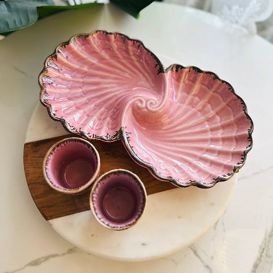 Morwee curated shell Ceramic Platter with Kulhad - Three Piece Set