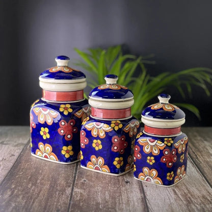Morwee Blue  HAND PAINTED paint  air tight jar SET of 3