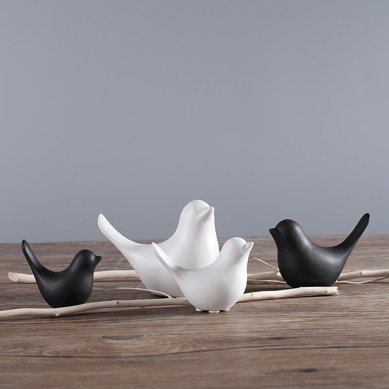 Morwee Set of 4 Ceramic Matte Finish Black nd White Decor Birds showpiece for Home Decor