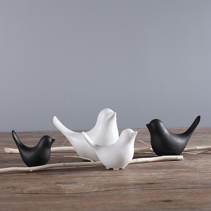 Morwee Set of 4 Ceramic Matte Finish Black nd White Decor Birds showpiece for Home Decor