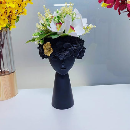Morwee Style Girl's Head Pot - Lovely Resin Girl with a Beak vase for Succulent Flower Cactus Indoor and Outdoor Decoration(Black)