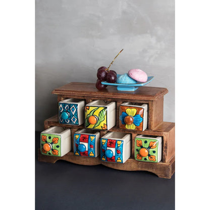 Handmade Wooden and Ceramic 7 Drawers Set of Multi-color Storage Box - Size (WxH): 13 x 13 Inch