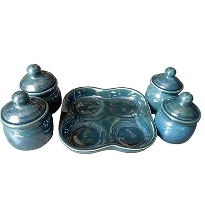 Morwee Ceramic Jars For Kitchen Storage Set Of 4 with Tray Handicrafted Storage Container with Lid Handmade Ceramic Barni Set Multipurpose Pickle Serving Jar Set