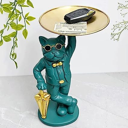 MORWEE Hand Crafted Bulldog with Tray Figurine Scluputre for Home Decorative Showpiece (Turquoise)