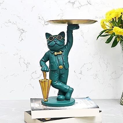 MORWEE Hand Crafted Bulldog with Tray Figurine Scluputre for Home Decorative Showpiece (Turquoise)