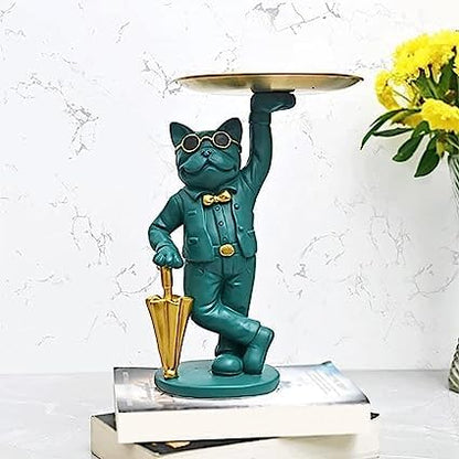 MORWEE Hand Crafted Bulldog with Tray Figurine Scluputre for Home Decorative Showpiece (Turquoise)