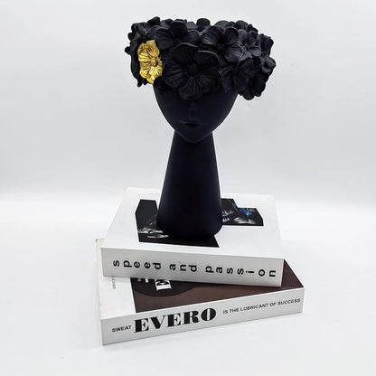 Morwee Style Girl's Head Pot - Lovely Resin Girl with a Beak vase for Succulent Flower Cactus Indoor and Outdoor Decoration(Black)