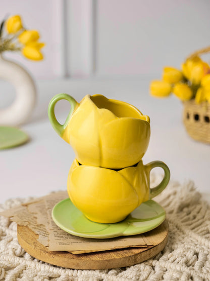 Morwee Tulip Floral green and yellow Mug and Saucer Set