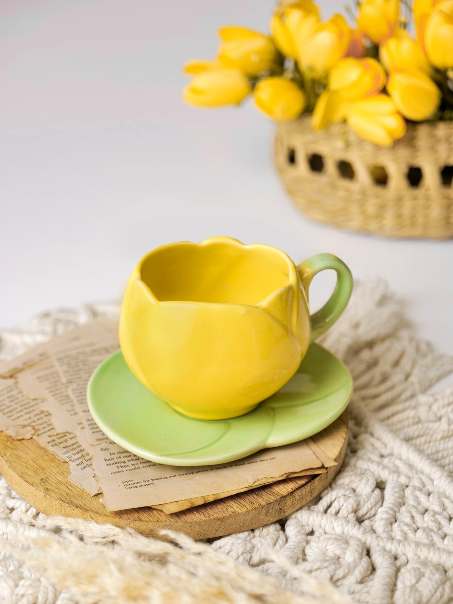 Morwee Tulip Floral green and yellow Mug and Saucer Set