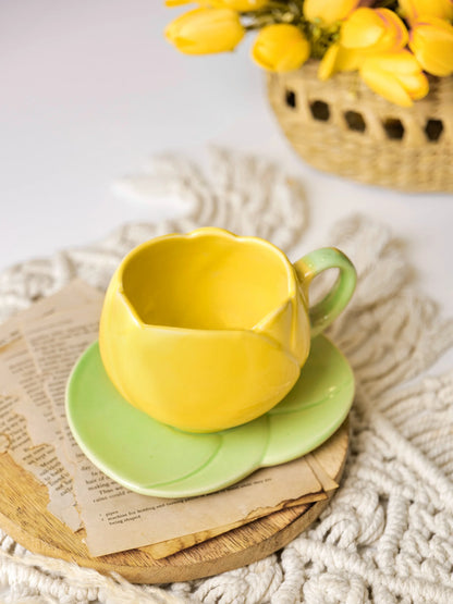 Morwee Tulip Floral green and yellow Mug and Saucer Set