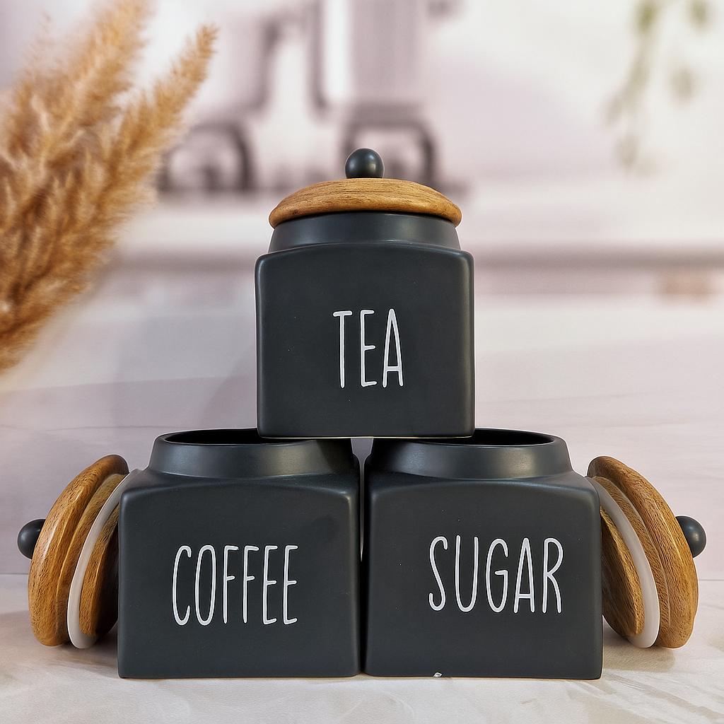 Morwee Black Ceramic Tea Coffee Sugar Jar Set (pack of 3 ) Black/Beige 850ml Each