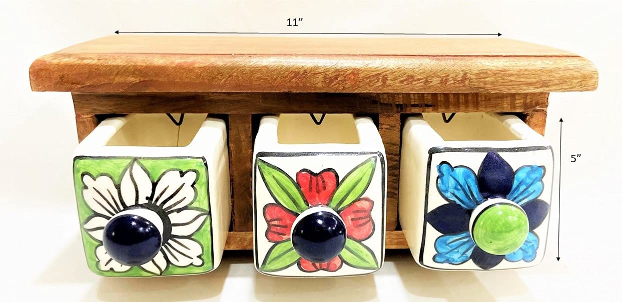 Handmade Wooden and Ceramic 3 Drawers Set of Multi-color Storage Box - Size (WxH): 13 x 13 Inch