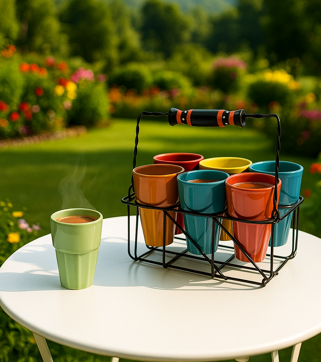 Morwee Mitti Rang Ceramic Cutting Chai Glass With Holder (110 ML) ( set of 6 )