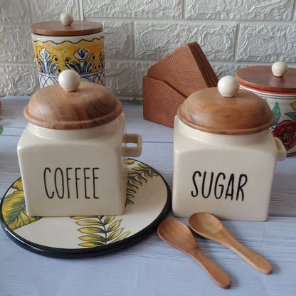 MORWEE Air Tight Containers for Kitchen Storage | Tea Sugar Container Set of 3 | Wooden Lid Container