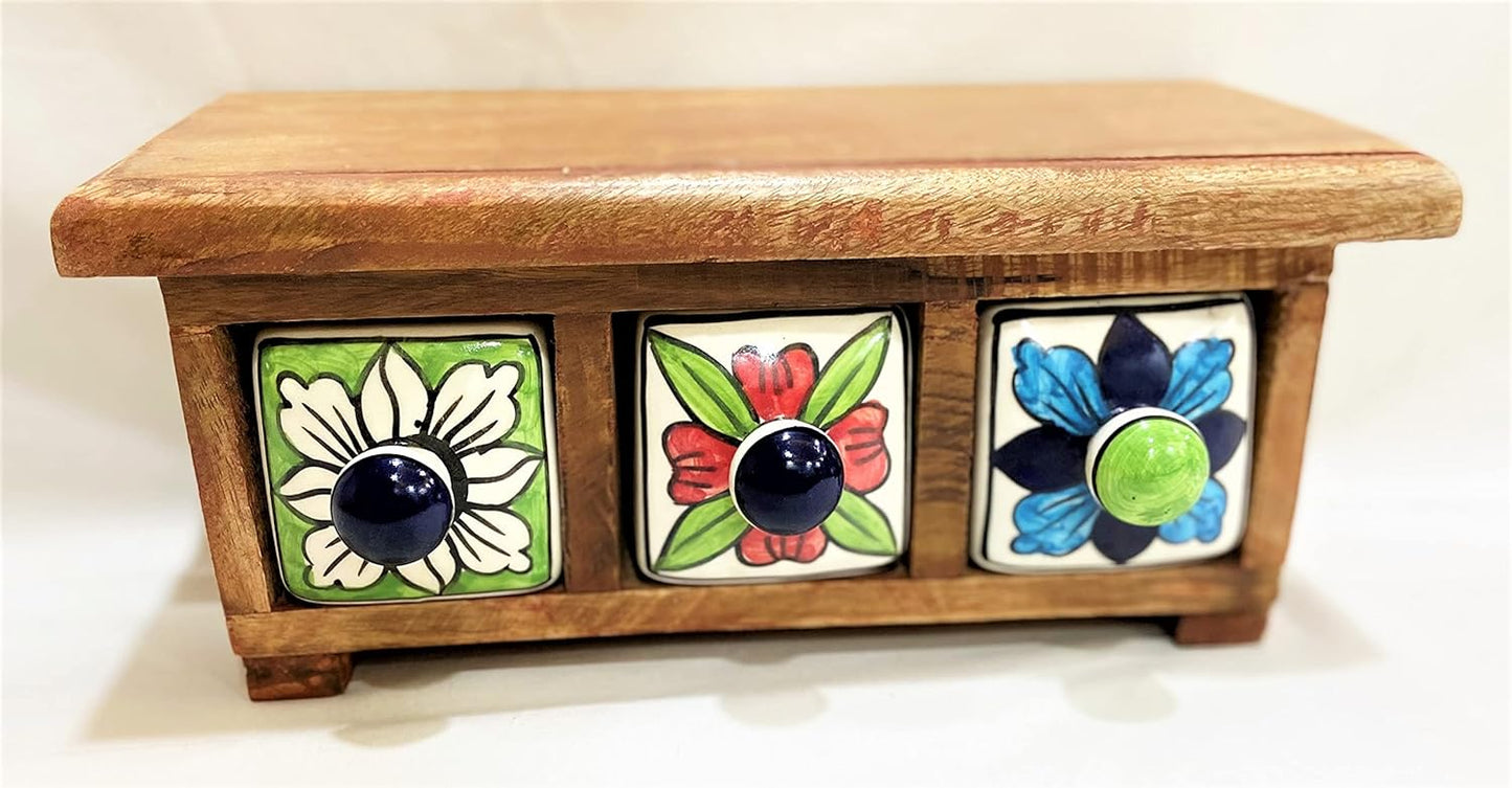 Handmade Wooden and Ceramic 3 Drawers Set of Multi-color Storage Box - Size (WxH): 13 x 13 Inch