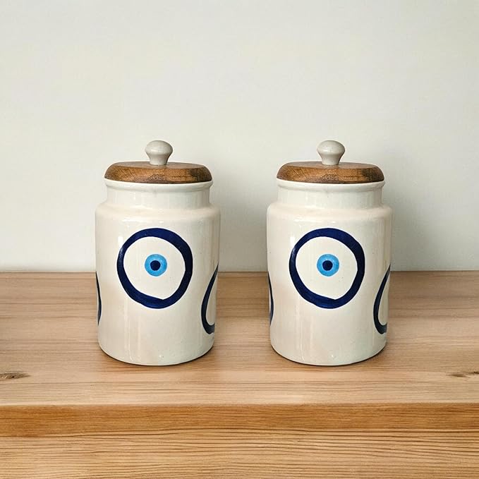 MORWEE Airtight Ceramic Jars (Pack of 2) - 900ml Each - Wooden Lid - Kitchen Containers for Sugar