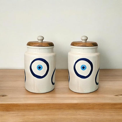 MORWEE Airtight Ceramic Jars (Pack of 2) - 900ml Each - Wooden Lid - Kitchen Containers for Sugar