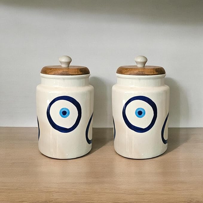 MORWEE Airtight Ceramic Jars (Pack of 2) - 900ml Each - Wooden Lid - Kitchen Containers for Sugar