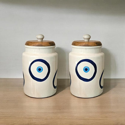MORWEE Airtight Ceramic Jars (Pack of 2) - 900ml Each - Wooden Lid - Kitchen Containers for Sugar